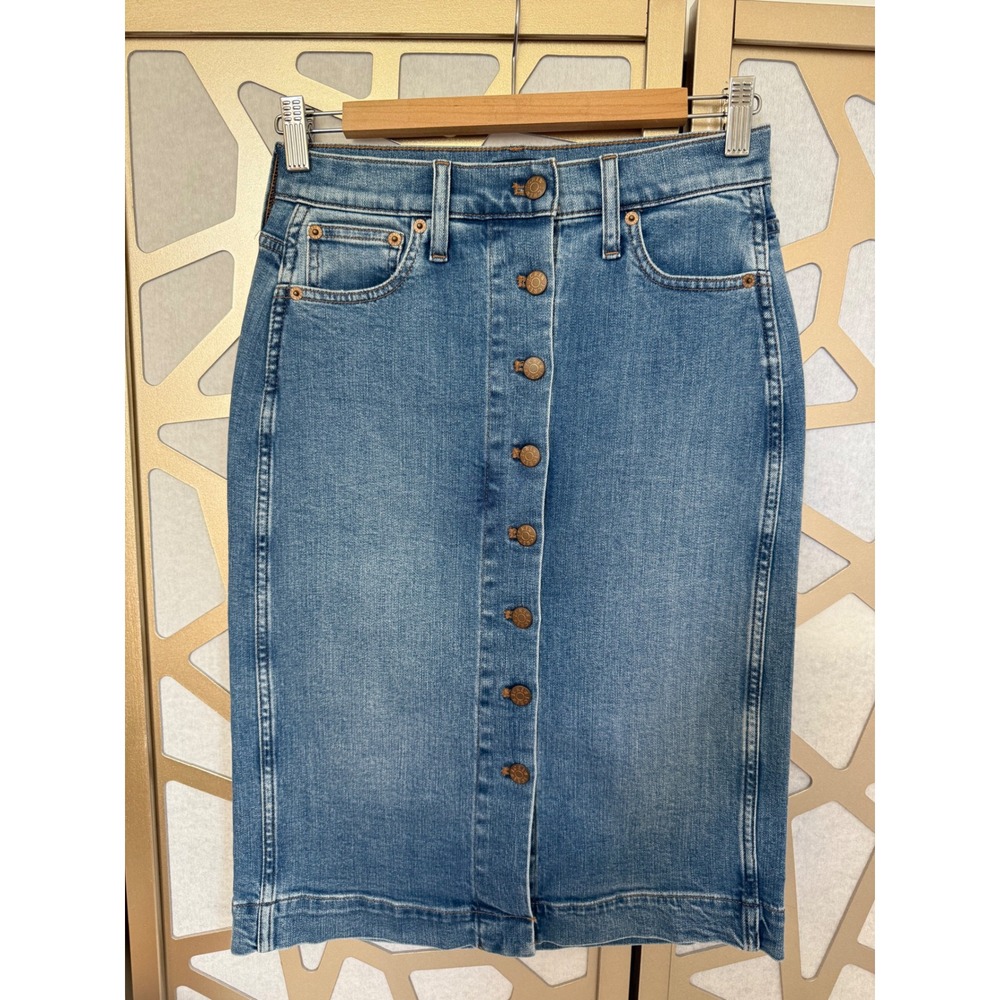 J.Crew Denim Pencil Skirt Button Front Medium Wash Blue Size 00 High Waisted
